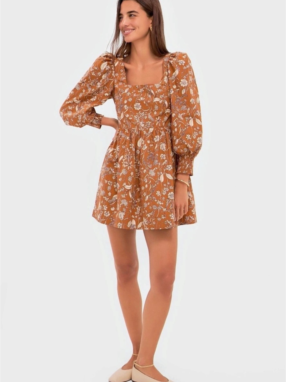 Hyacinth House Floral Mini Dress in Brown & White Size XS Like New
